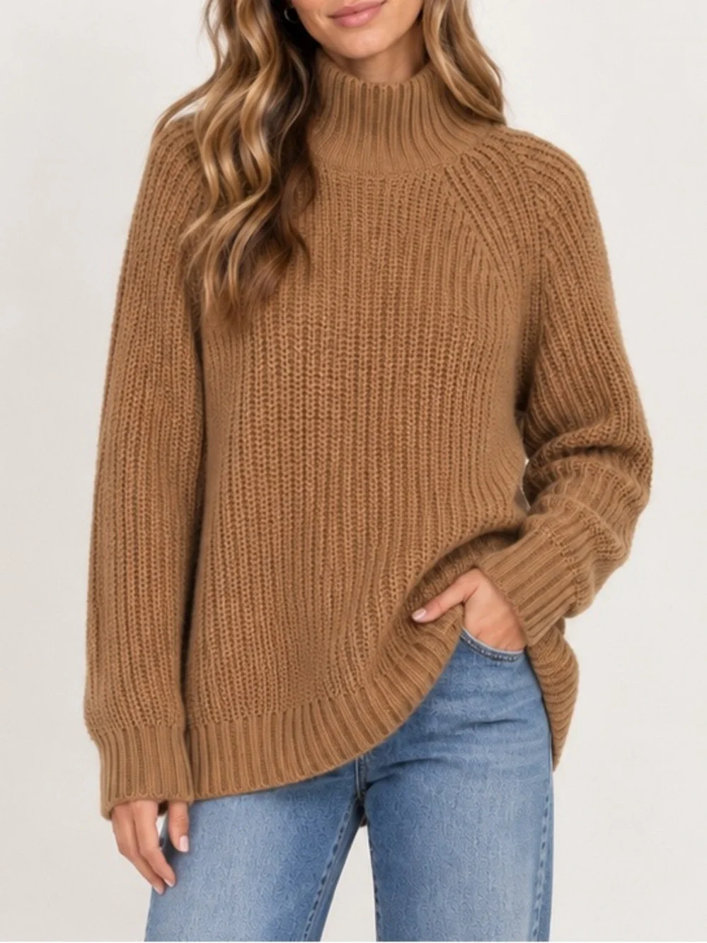 H&M Chunky Knit Turtleneck Sweater Oversized Camel Brown Tan Size XL